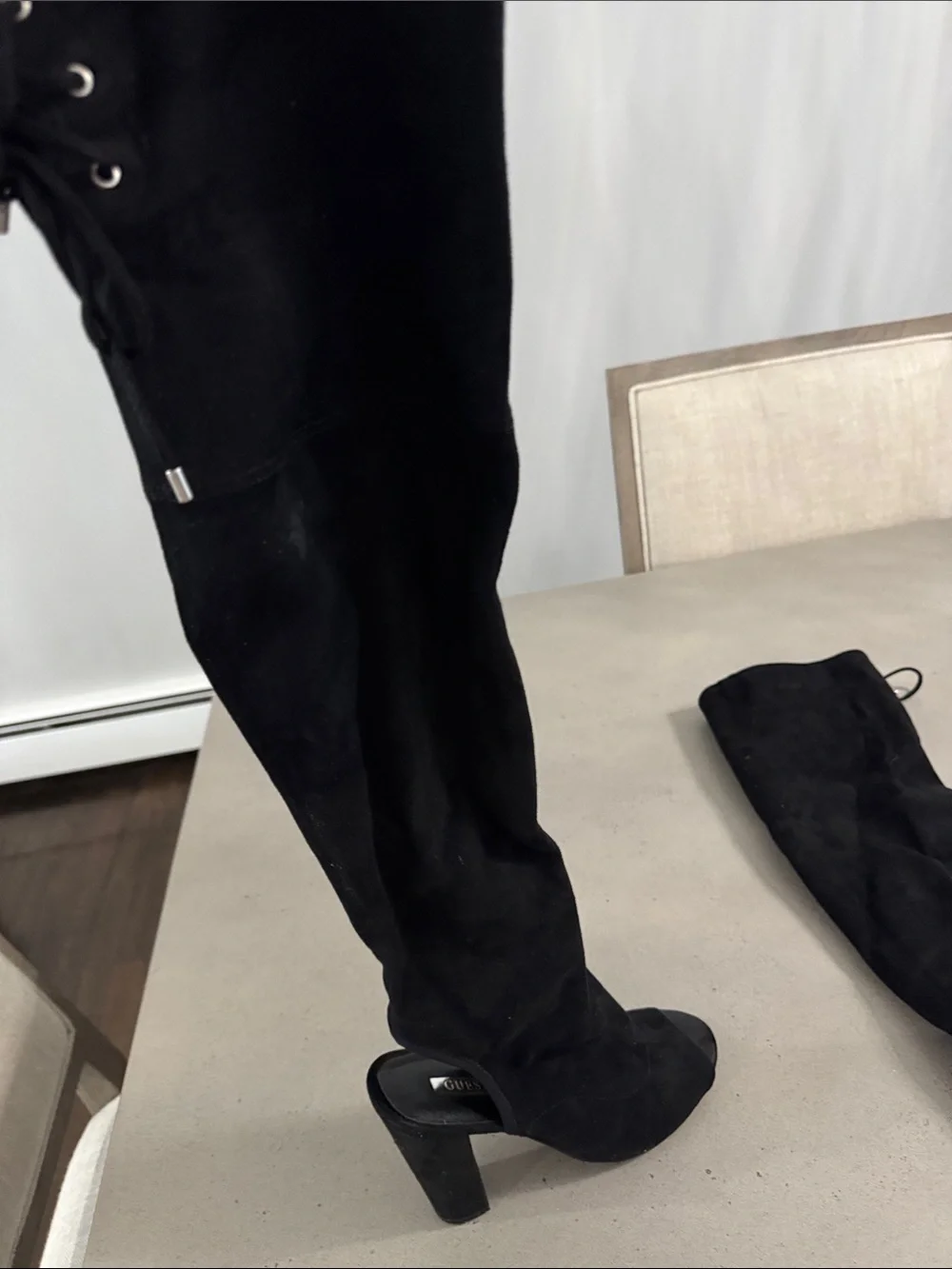 Guess women’s black Over-the-Knee Peep-Toe Heeled Boots